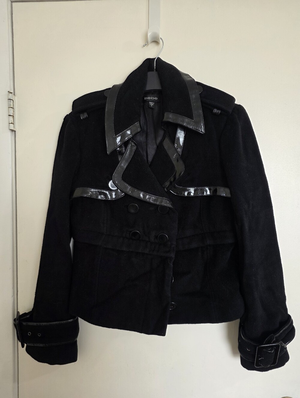 Bebe Black Double-Breasted Cropped Pea Coat with Patent Trim, Size M